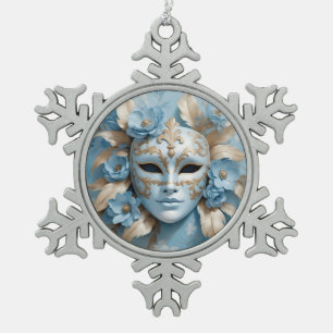 Blue and gold carnival mask snowflake pewter christmas ornament