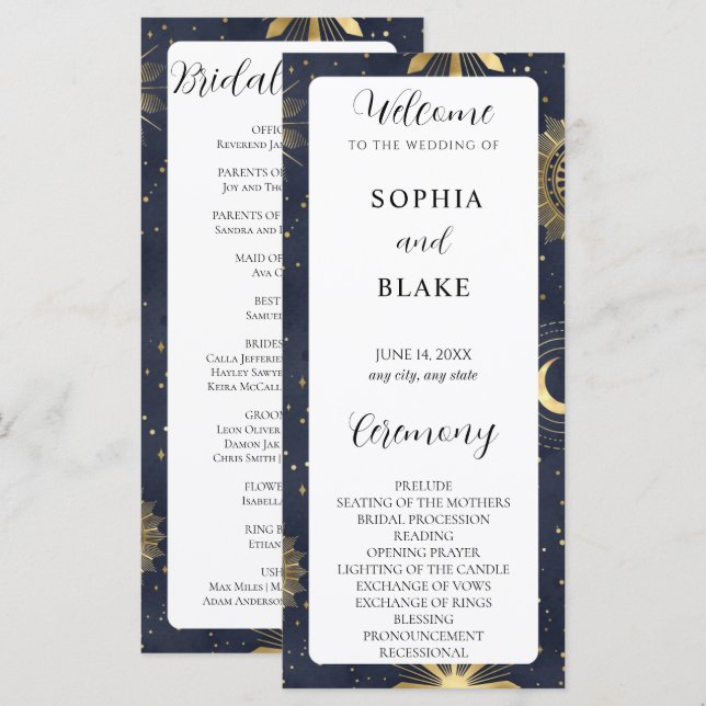 Blue and Gold Celestial Wedding Program (Front/Back)
