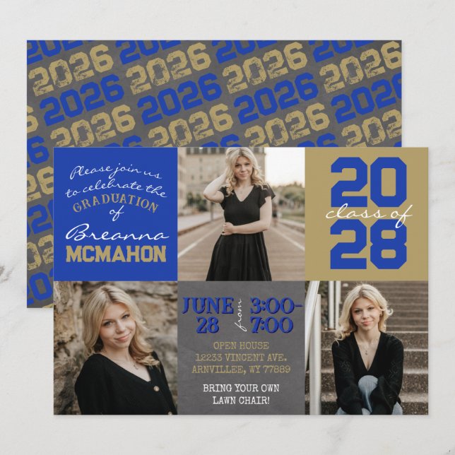 Blue and Gold Chalkboard 3 Photo Graduation Invitation (Front/Back)