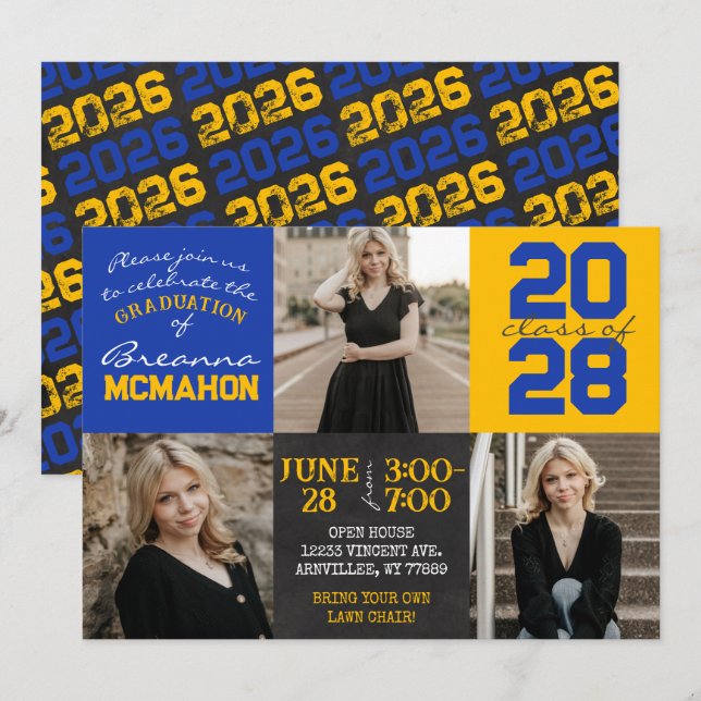 Blue and Gold Chalkboard 3 Photo Graduation Invitation (Front/Back)