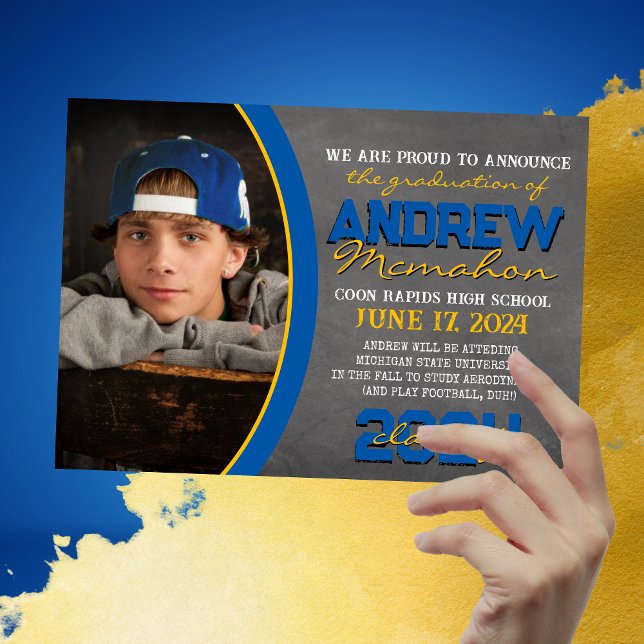 Blue and Gold Chalkboard Graduation Announcement (Blue & Gold Chalkboard Photo Graduation Announcements. Available printed or digital download)