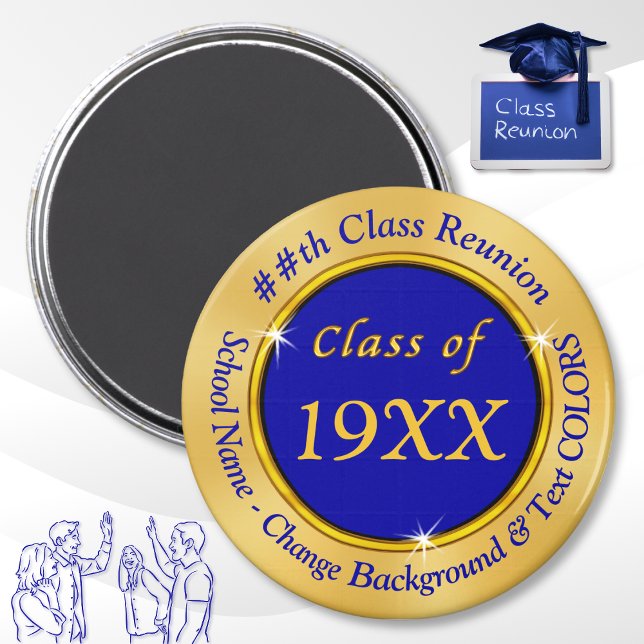 Blue and Gold Cheap Class Reunion Favours Magnets (Personalized Class Reunion Favors. Cheap Class Reunion Gifts. Blue and Gold, Customizable Magnets.  )