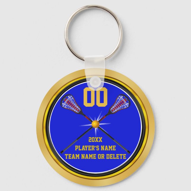 Blue and Gold Cheap Lacrosse Gifts, Personalized Keychain (Front)