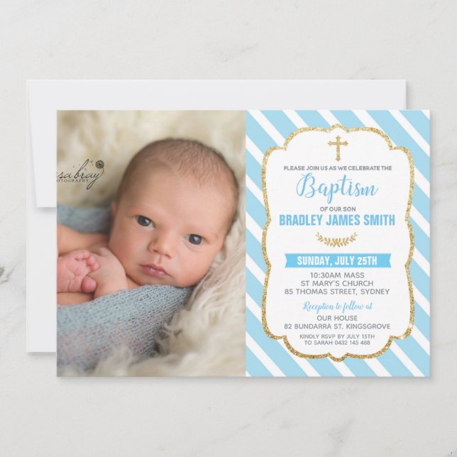 Blue and Gold Christening Baptism Baby Boy Photo Invitation (Front)