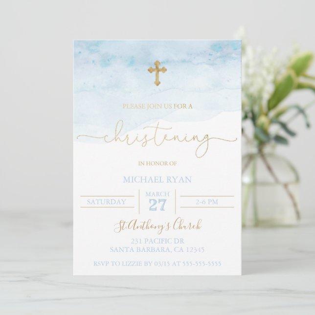 Blue and Gold Christening Invitation Baby Boy (Standing Front)