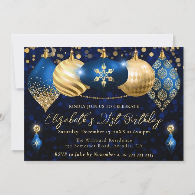 Blue and Gold Christmas Baubles Birthday Party Invitation (Front)