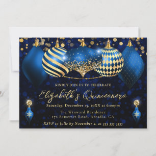 Blue and Gold Christmas Baubles Quinceanera Invitation