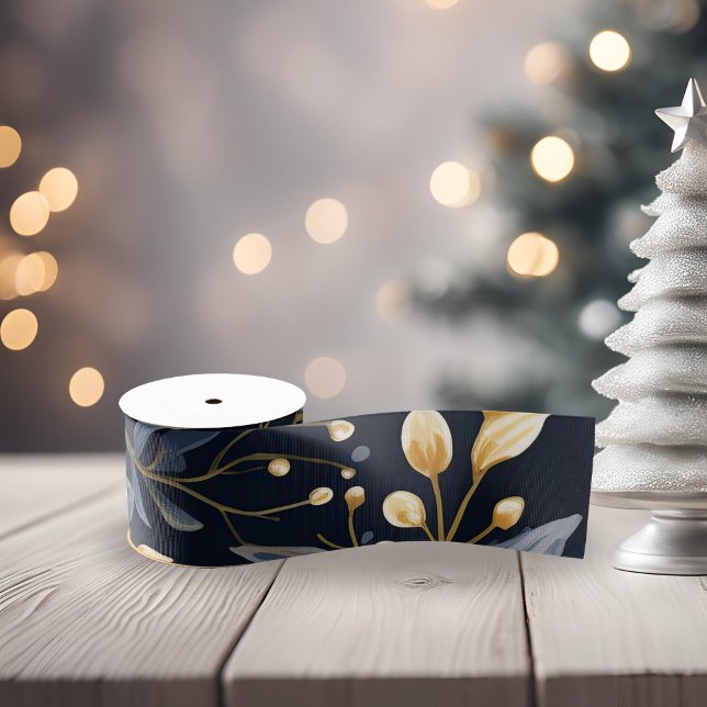 Blue And Gold Christmas Leaves Grosgrain Ribbon (Blue and Gold Leaf Christmas Ribbon)