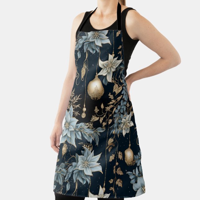 Blue and Gold Christmas Ornaments Poinsettias Apron (Insitu)