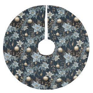 Blue and Gold Christmas Ornaments Poinsettias Brushed Polyester Tree Skirt