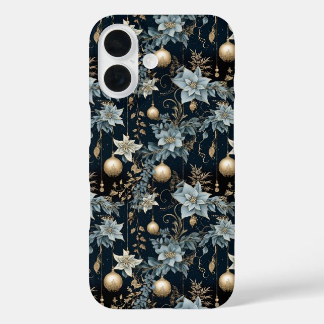 Blue and Gold Christmas Ornaments Poinsettias Case-Mate iPhone Case (Back)