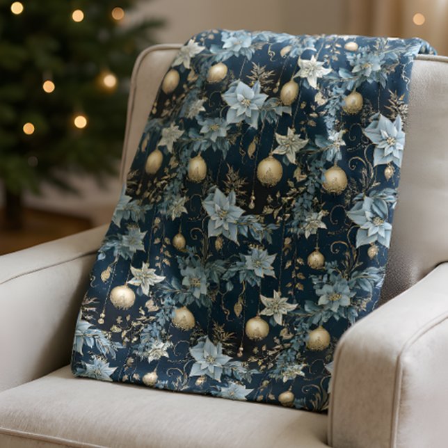 Blue and Gold Christmas Ornaments Poinsettias Fleece Blanket (Creator Uploaded)