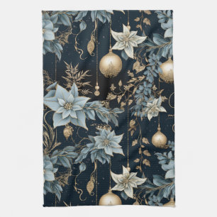 Blue and Gold Christmas Ornaments Poinsettias Kitchen Towel