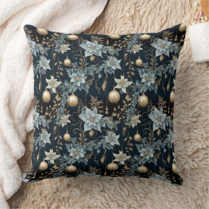 Blue and Gold Christmas Ornaments Poinsettias Throw Pillow