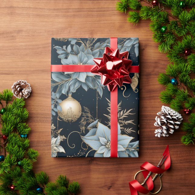 Blue and Gold Christmas Ornaments Poinsettias Wrapping Paper (Holiday Gift)