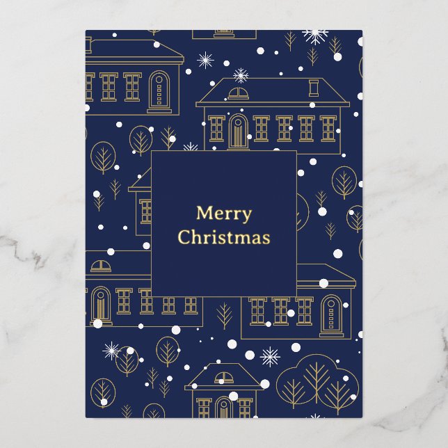 Blue and Gold Christmas Village Foil Card (Front)