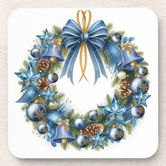 Blue and Gold Christmas Wreath Coaster (Front)