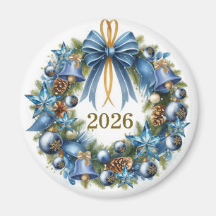 Blue and Gold Christmas Wreath Customizable Magnet