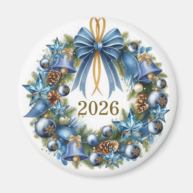 Blue and Gold Christmas Wreath Customizable Magnet (Front)
