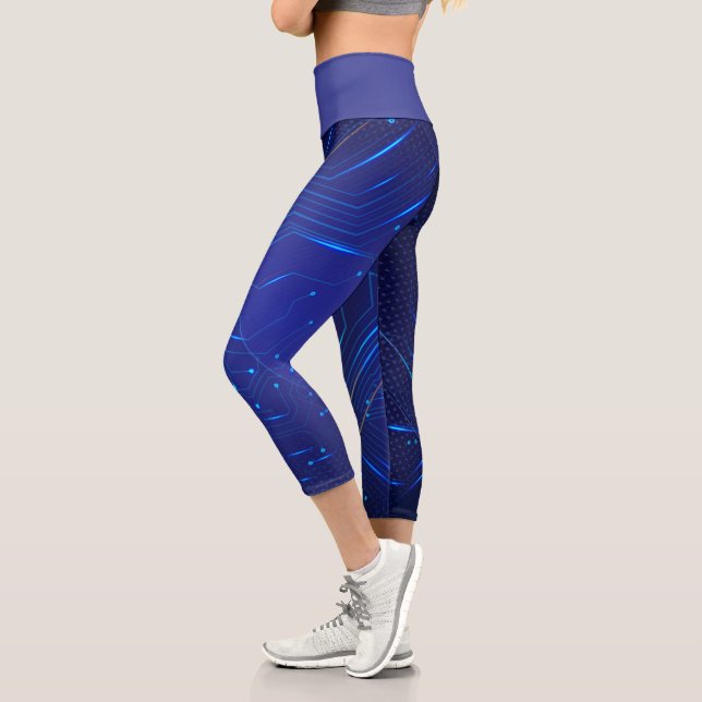 Blue and Gold Circuit Pattern Capri Leggings (Left)
