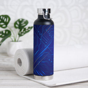 Blue and Gold Circuit Pattern Water Bottle