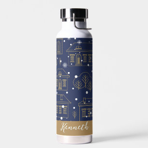 Blue and Gold City Landscape Christmas Holiday Water Bottle
