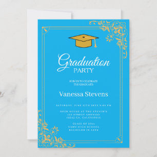 Blue And Gold Classic Graduation Cap Party  Invitation