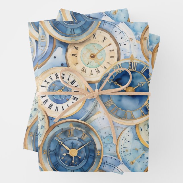 Blue and Gold Clock Pattern Wrapping Paper Sheet (In situ)
