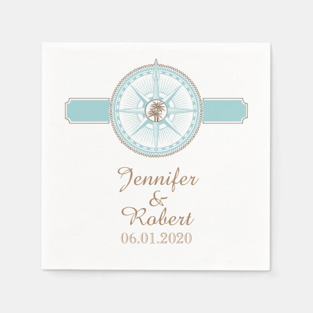 Blue and Gold Compass Rose Beach Wedding Napkin (Front)