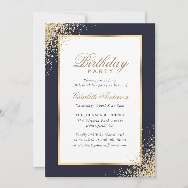 Blue and Gold Confetti Birthday Party Invitation (Front)
