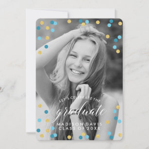 Blue and Gold Confetti Chalkboard Photo Graduation Invitation