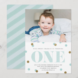 Blue and gold confetti first birthday party photo invitation