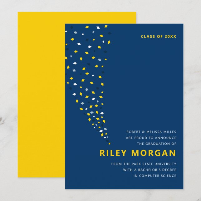Blue and gold confetti graduation announcement (Front/Back)