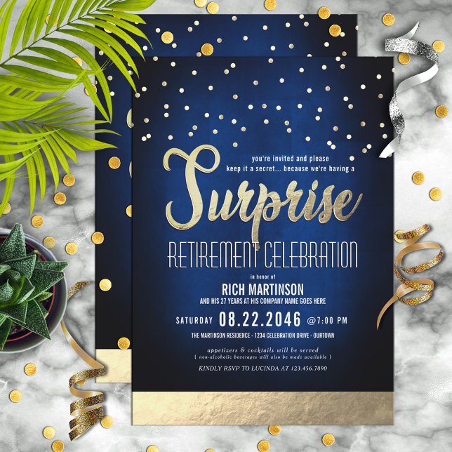 Blue and Gold Confetti Surprise Retirement Party Invitation (Creator Uploaded)