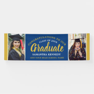 Blue And Gold Congrats Grad 2 Photo Graduation Banner
