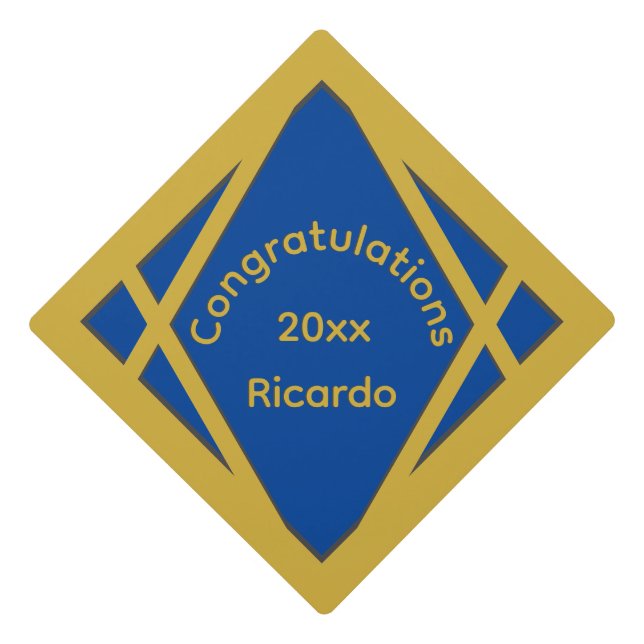 Blue and Gold Congratulations Name Year  Graduation Cap Topper (Front)