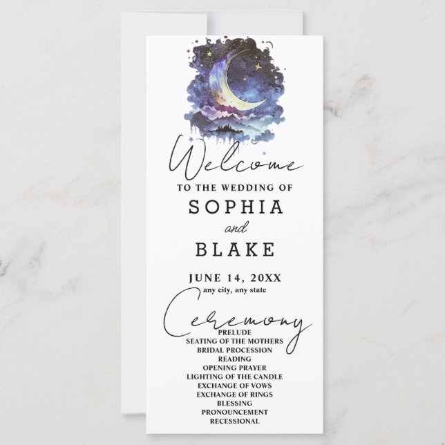 Blue and Gold Crescent Moon Wedding Program (Front)