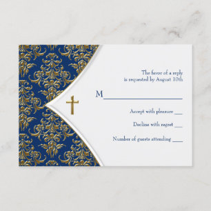 Blue and Gold Cross Baptism Christening RSVP Card