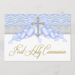 Blue and Gold Cross Boys First Communion Invitation