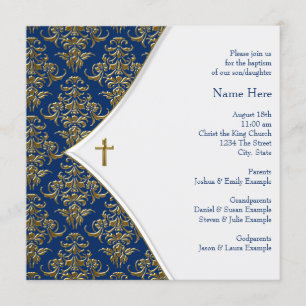 Blue and Gold Cross Christening Invitation