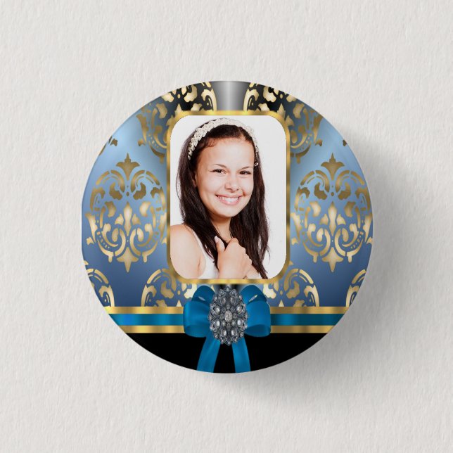 Blue and gold damask 1 inch round button (Front)