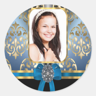 Blue and gold damask classic round sticker
