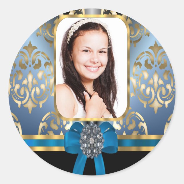 Blue and gold damask classic round sticker (Front)