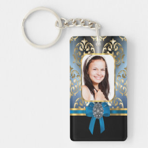 Blue and gold damask keychain