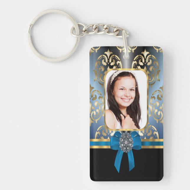 Blue and gold damask keychain (Front)