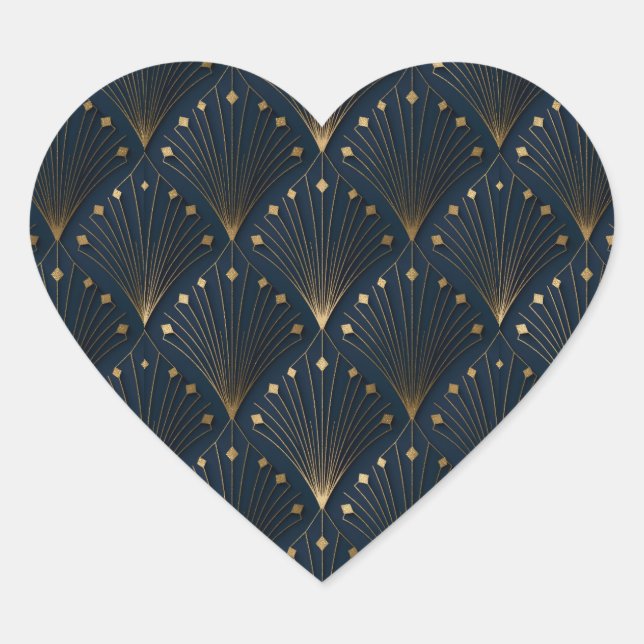 Blue And Gold Deco Pattern Heart Sticker (Front)