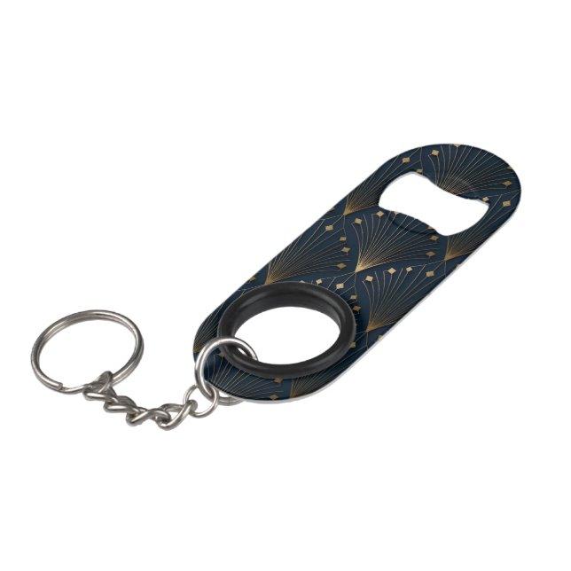 Blue And Gold Deco Pattern Keychain Bottle Opener (Front Angled)
