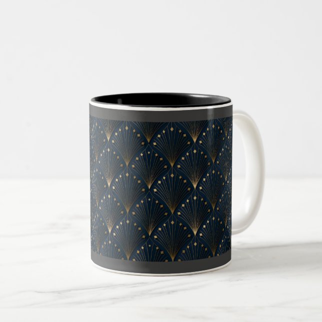 Blue And Gold Deco Pattern Two-Tone Coffee Mug (Front Right)