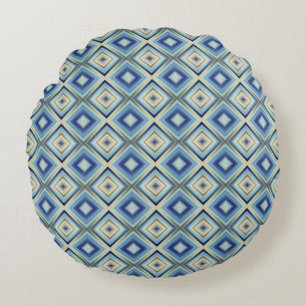 Blue and Gold Diamond Shaped Pattern Round Pillow