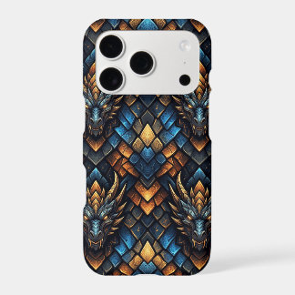 Blue and Gold Dragon Heads Geometric Scale Pattern
